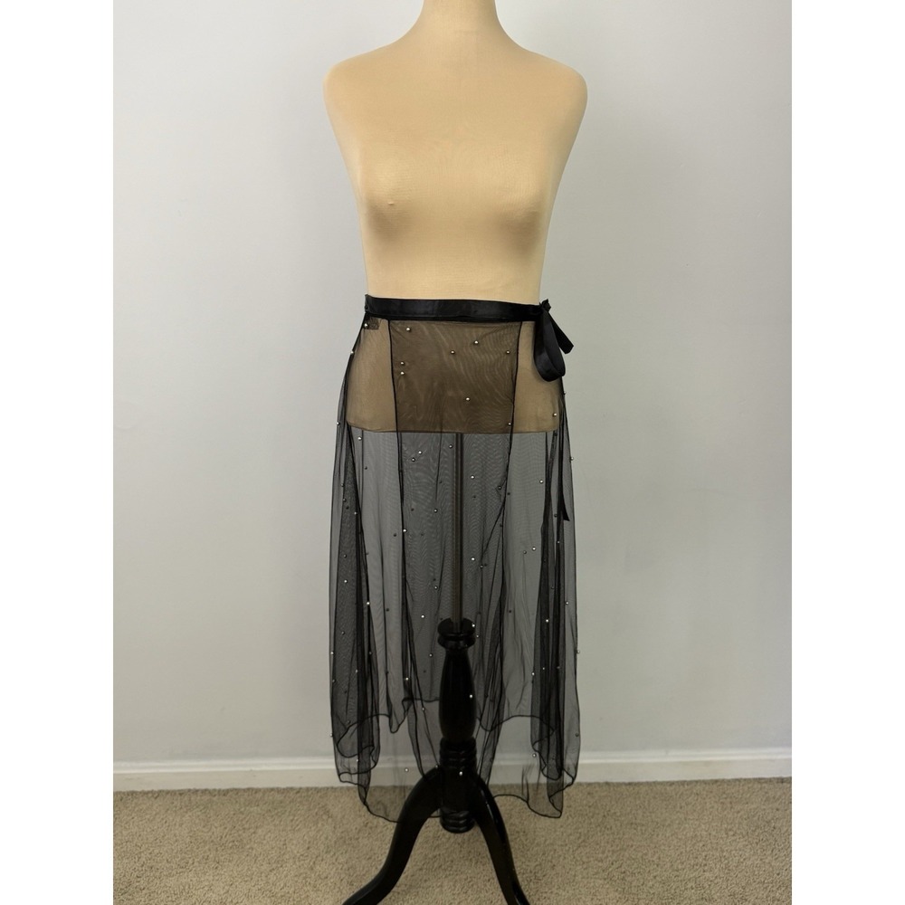 Whimsigoth Sheer Mesh Wrap SKIRT sz M Black Beaded Fairy Witchy Celestial Tulle
